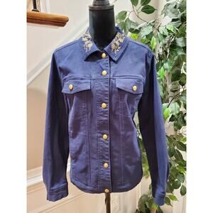 Denim & Company Women's Blue Cotton Buttons Front Long Sleeve Casual Jacket L